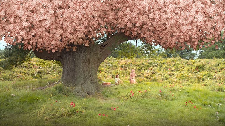 2020 movie still, a tree covered in pink flowers