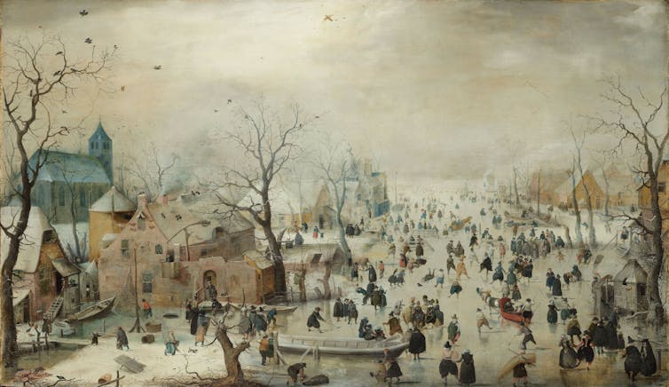 An oil painting showing a winter landscape with many people ice skating.