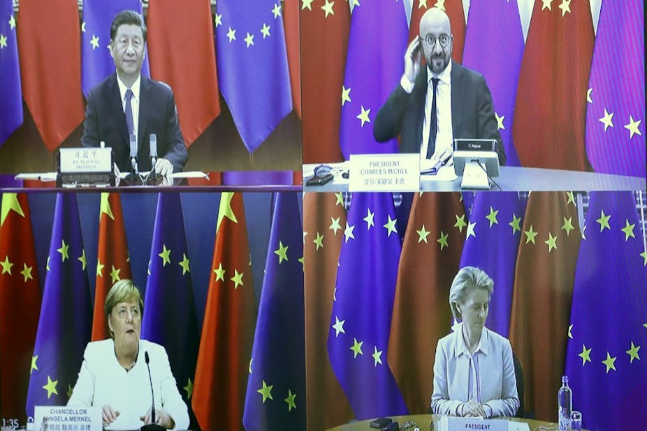 Xi Jinping, Charles Michel, Angela Merkel et Ursula von der Leyen 
