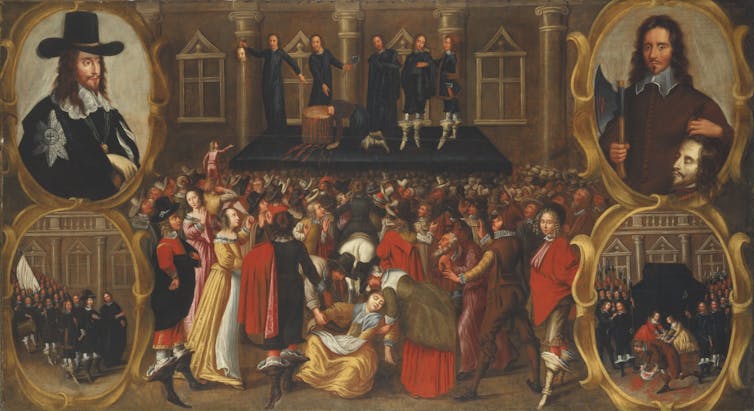 Painting of crowd watching execution of Charles I. Four figures in inset pictures including one of a man with king's head.