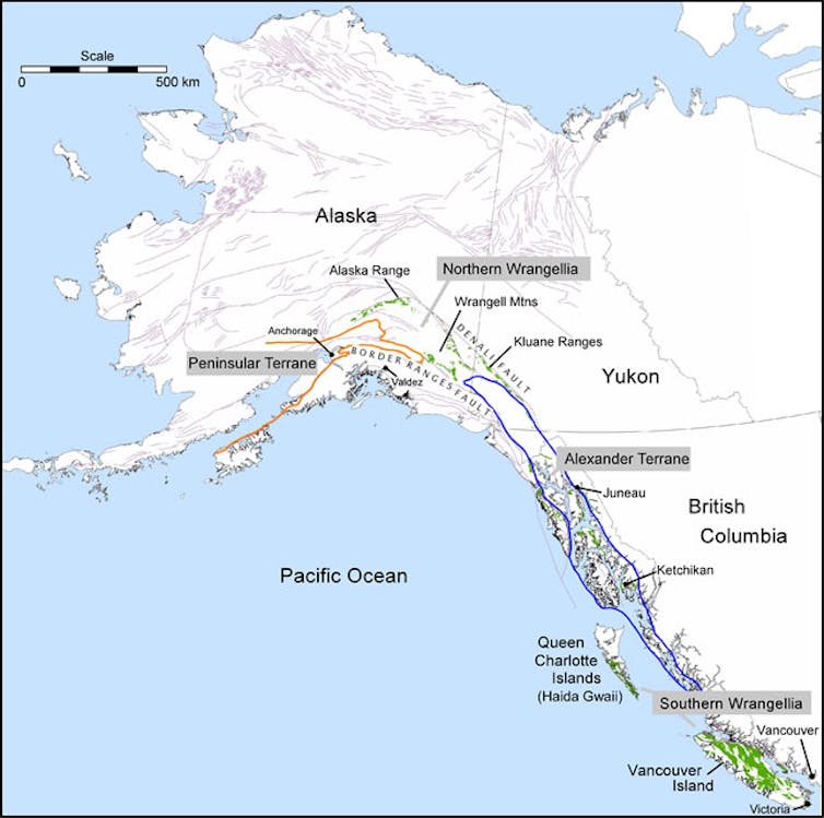 Map highlighting Wrangellia flood basalts