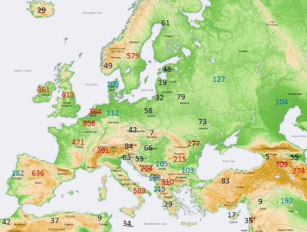 Map of deaths per million in Europe, North Africa and the Middle East.