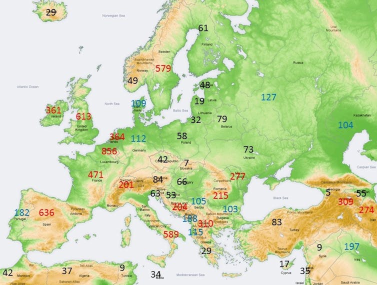 Map of deaths per million in Europe, North Africa and the Middle East.