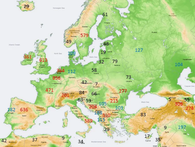 Map of deaths per million in Europe, North Africa and the Middle East.