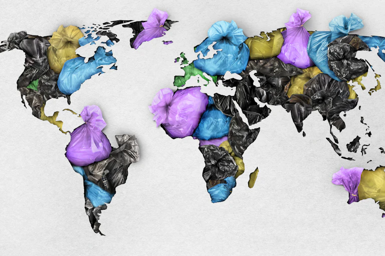 Mapa mundi confeccionado con bolsas de basura.