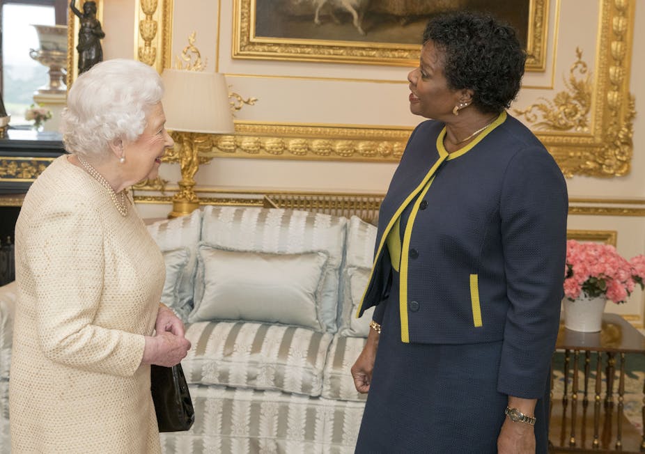 The Queen meeting Barbados governor-general Dame Sandra Mason.
