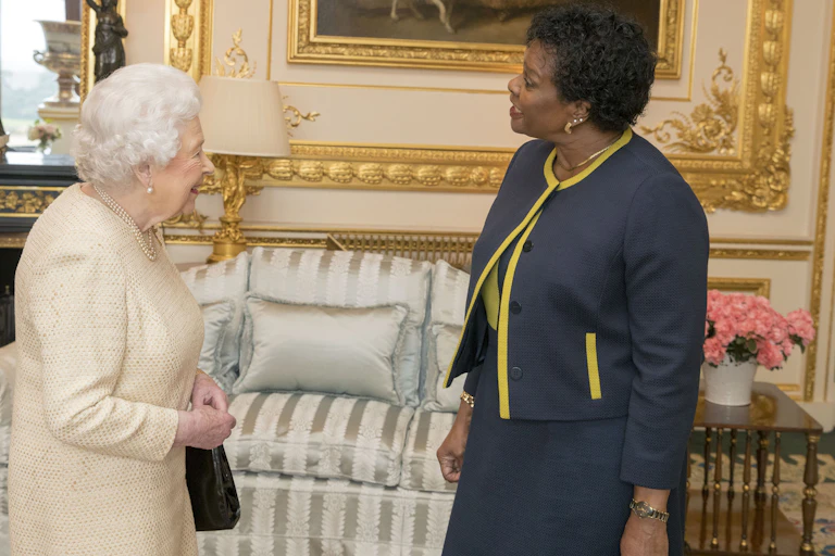 The Queen meeting Barbados governor-general Dame Sandra Mason.