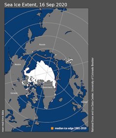 Map showing Arctic sea ice extent, September 16, 2020.