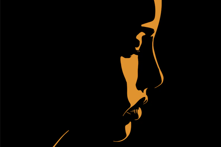 Black and amber illustration of a silhouetted woman