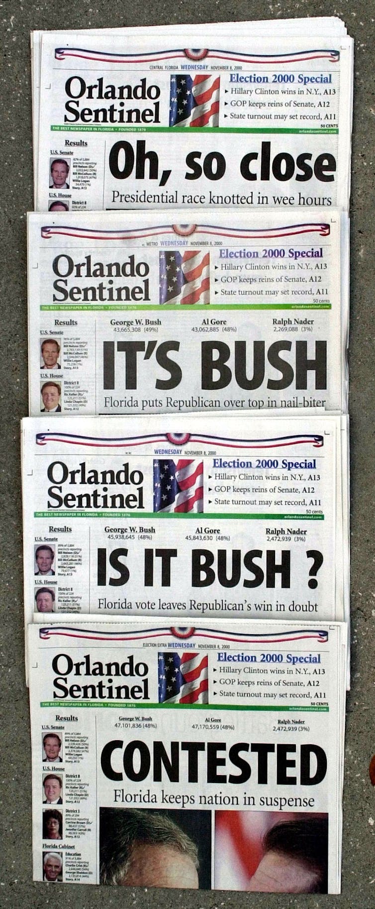 Several Orlando Sentinel newspapers with headlines 'Oh, So Close,' 'It's Bush,' 'Is it Bush?' and 'Contested.'
