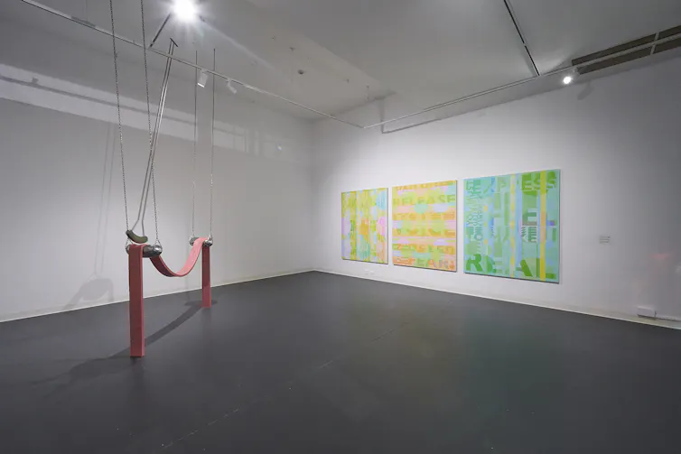 Left: a sculpture of pink and silver. Right: three candy-coloured prints