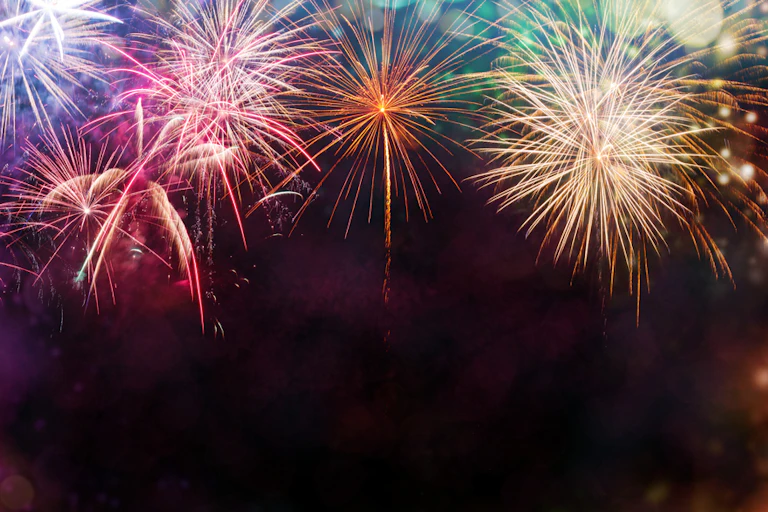Multicoloured fireworks exploding in sky