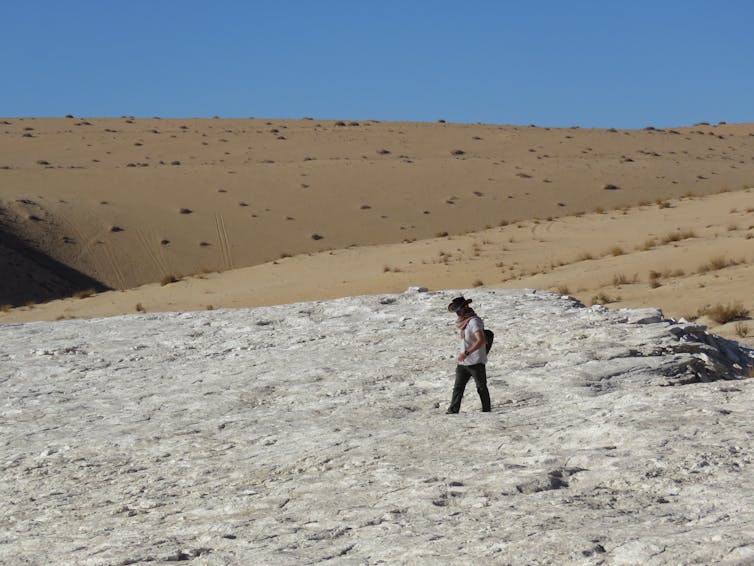 A man walks across a desert landscape.