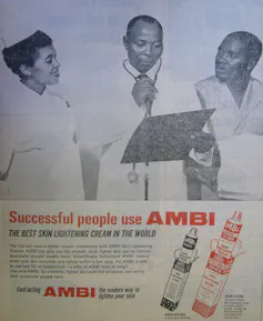 An advert showing a doctor and nurse consulting with a darker-skinned male patient, the doctor holding a clipboard.