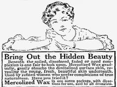 An advert with an illustration of a woman with an expensive hair-do reclining and smiling slightly.