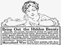 An advert with an illustration of a woman with an expensive hair-do reclining and smiling slightly.