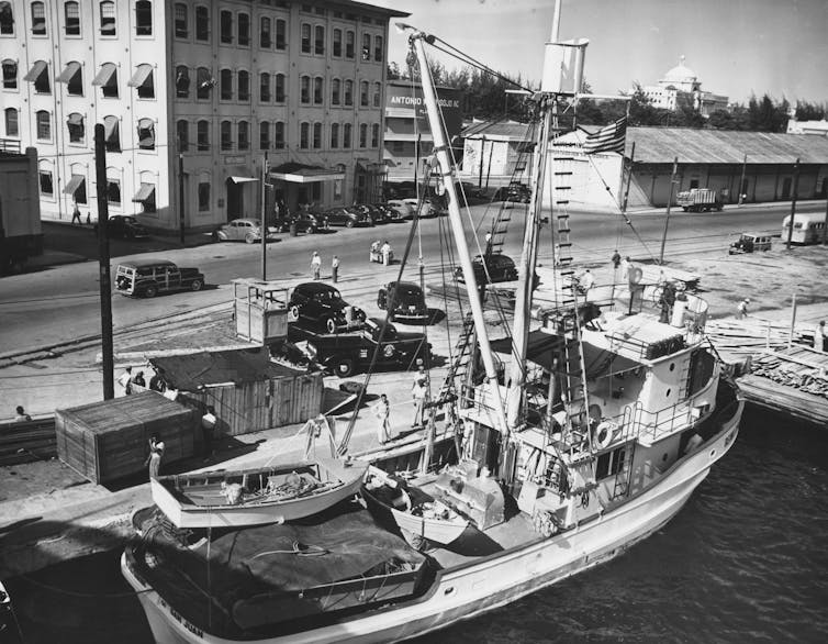 Black and white image of a fishing boat