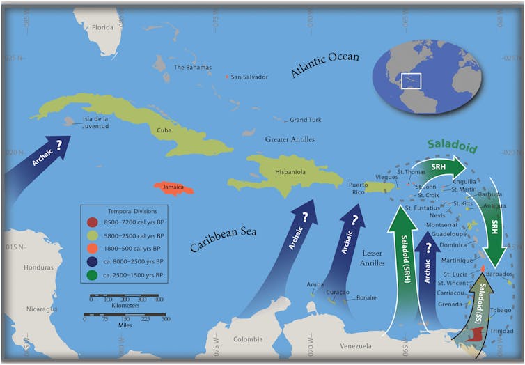 map of Caribbean showing order in which islands were settled, from north to south