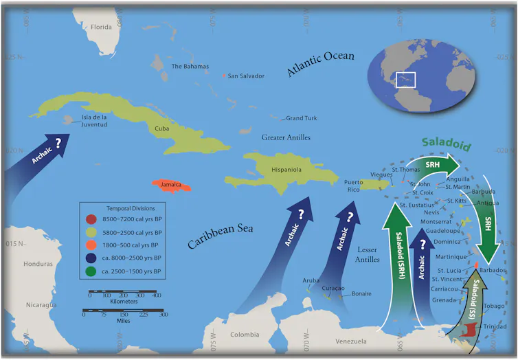 map of Caribbean showing order in which islands were settled, from north to south