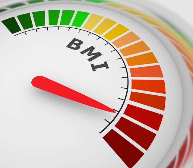 An arc-shaped BMI scale with colour gradations from green through yellow, orange and red, with a red pointer indicating a BMI in the red range.