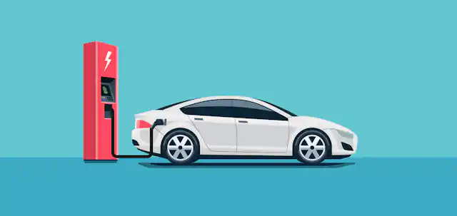 A cartoon of a car plugged into an electric charging point.