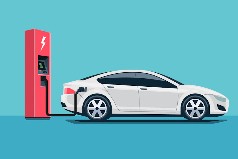 A cartoon of a car plugged into an electric charging point.