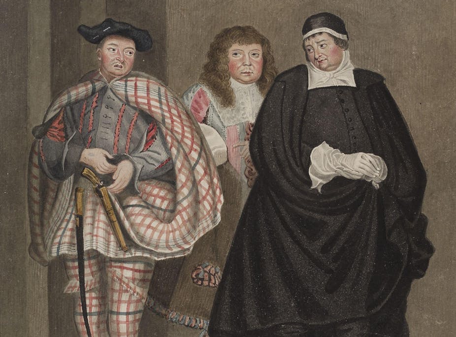 Three male figures dressed in 17th-century outfits.