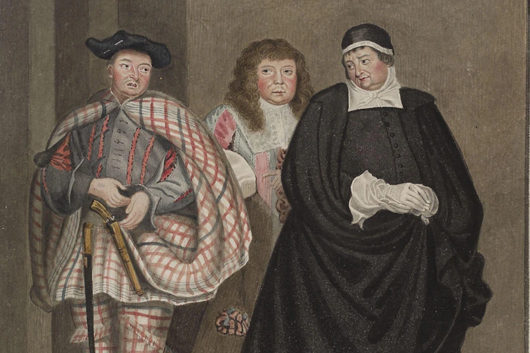 Three male figures dressed in 17th-century outfits.