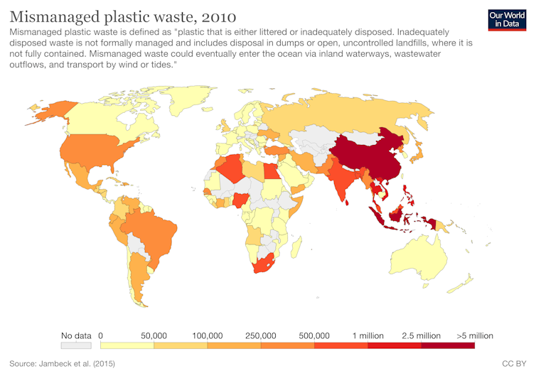 A world map highlighting countries according to proportion of plastic waste they mismanage.