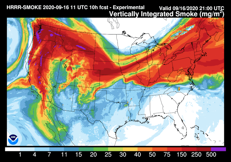 A map of the U.S. showing concentrations of smoke traveling across the Northern U.S. from the West to the East Coast.