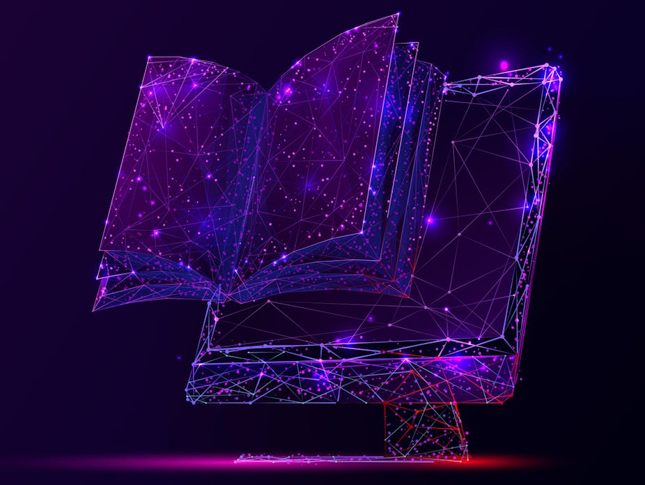 A book emerges from a computer screen.