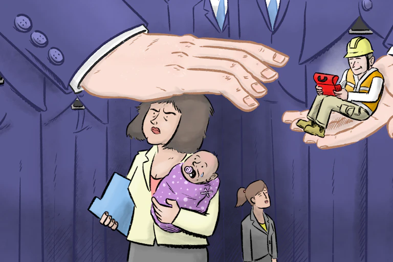 Woman is held down by a man's hand in a sea of blue suits, as a man in hi-vis is lifted up.