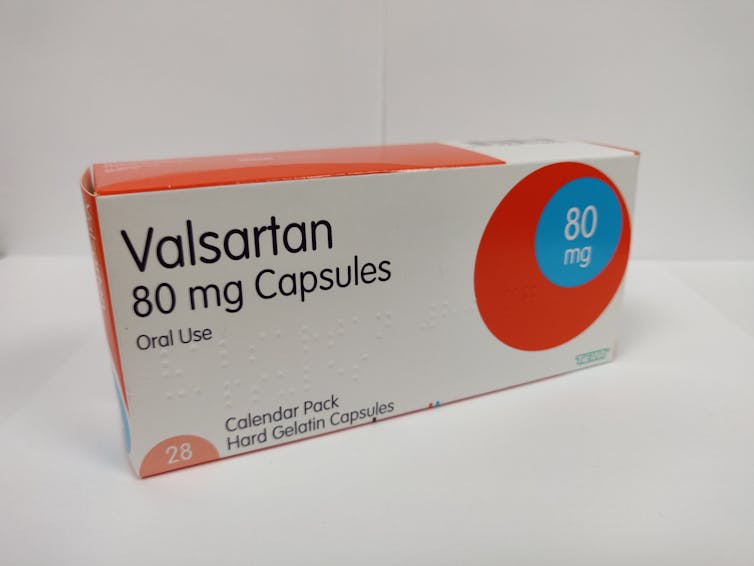 A box of capsules of valsartan, an angiotensin receptor blocker