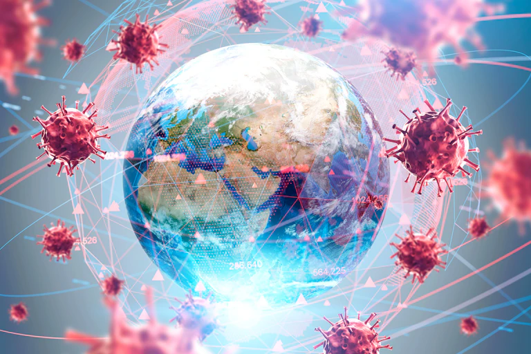 The world surrounded by coronavirus particles.