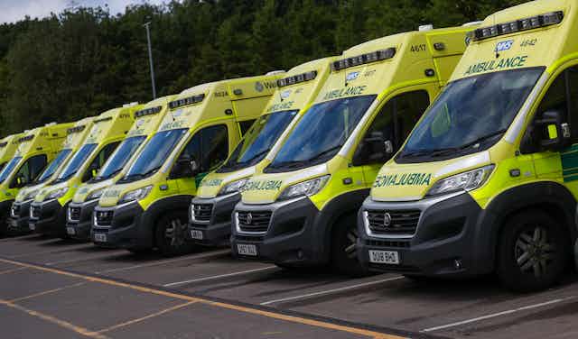 A row of parked ambulances