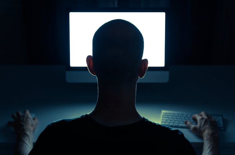 Picture of a man from behind staring at a computer screen.