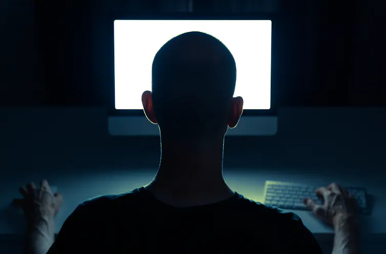 Picture of a man from behind staring at a computer screen.