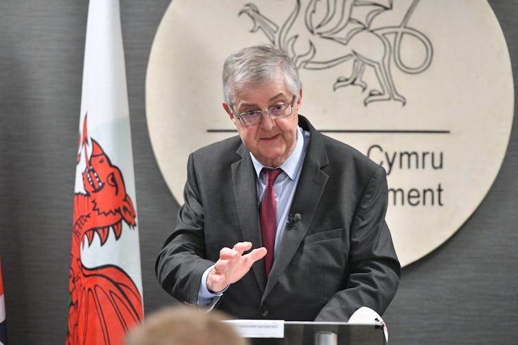 First minister of Wales, Mark Drakeford, speaks at a press conference at the Senedd in Cardiff,