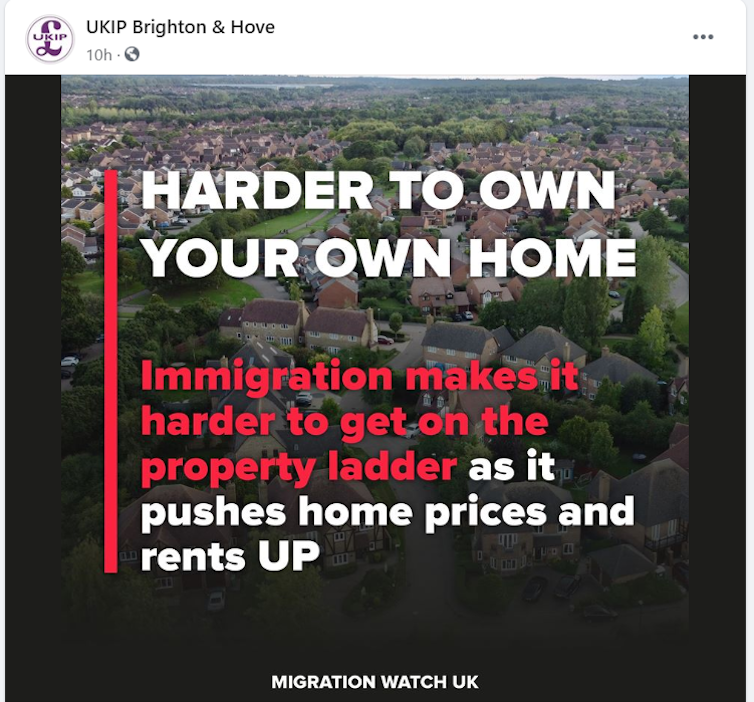 Facebook post by UKIP claiming immigration makes it harder to own your own home.