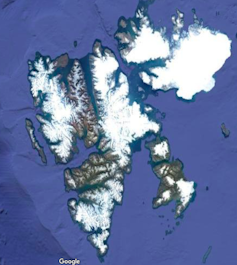 Satellite map of mountainous islands largely covered in ice.