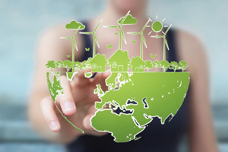 Graphic of windmills, representing a world that takes action on climate change