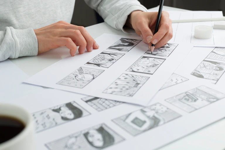 Artist draws story frames