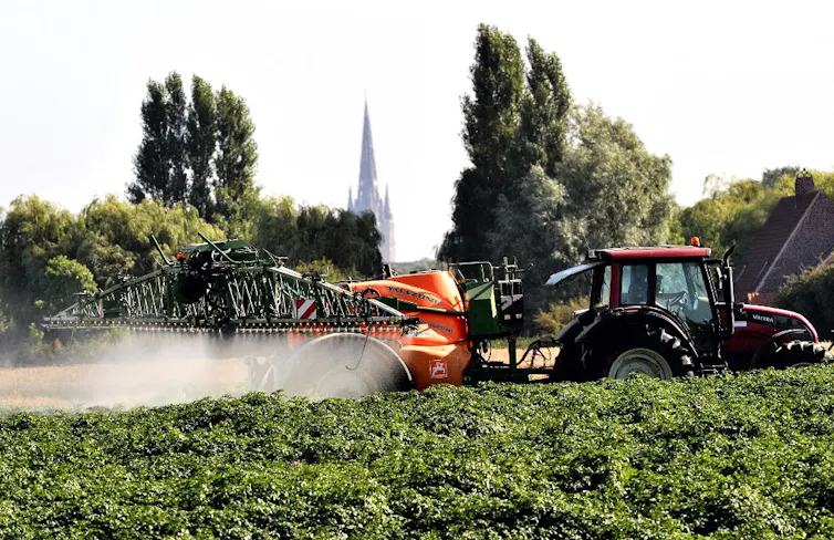 Un tracteur pulvérisant des pesticides sur des cultures