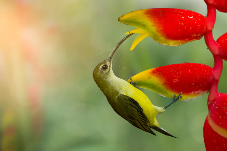 A small, green tropical bird with a long beak visits a red, tropical flower.