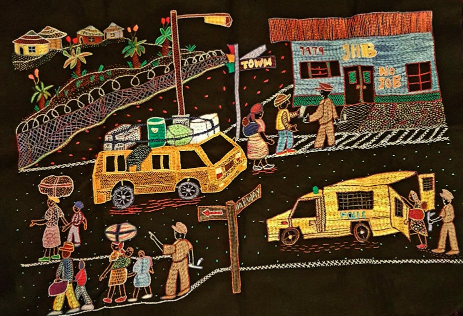 Embroidery depicting an urban scene including police.