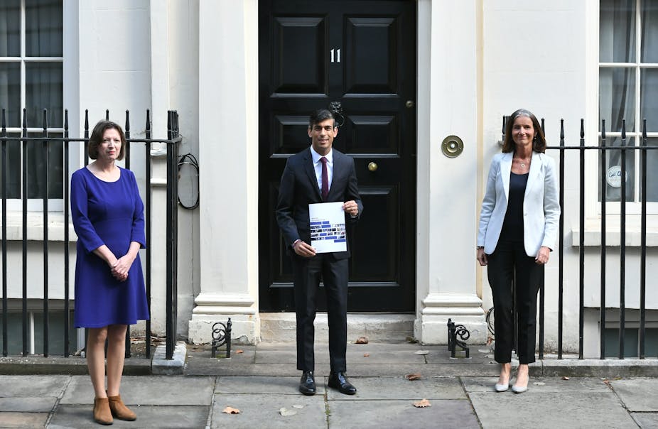 Chancellor Rishi Sunak with Carolyn Fairbairn, director general of the CBI (right) and Frances O'Grady (left), general secretary of the TUC.