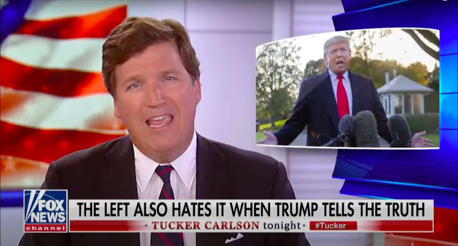 Screenshot of Tucker Carlson's show on Fox News with a chiron reading 'The left also hates it when Trump tells the truth'
