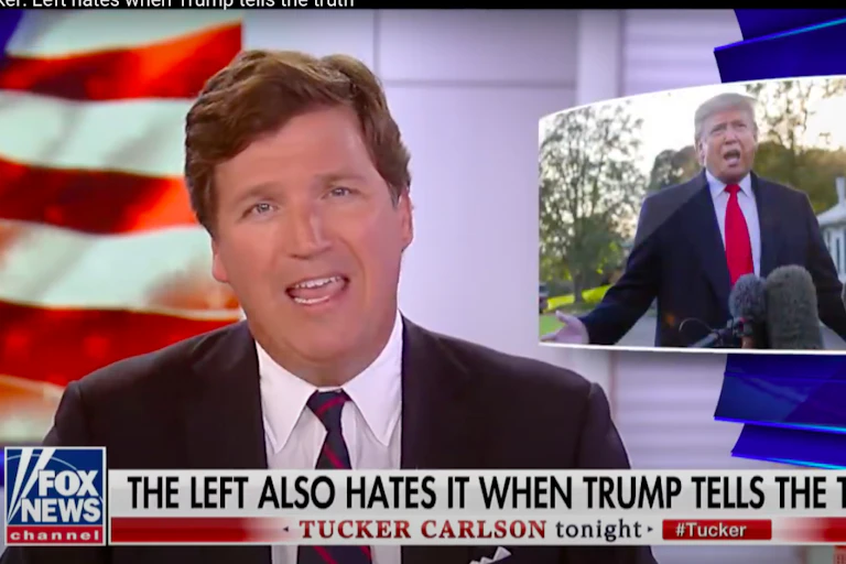 Screenshot of Tucker Carlson's show on Fox News with a chiron reading 'The left also hates it when Trump tells the truth'