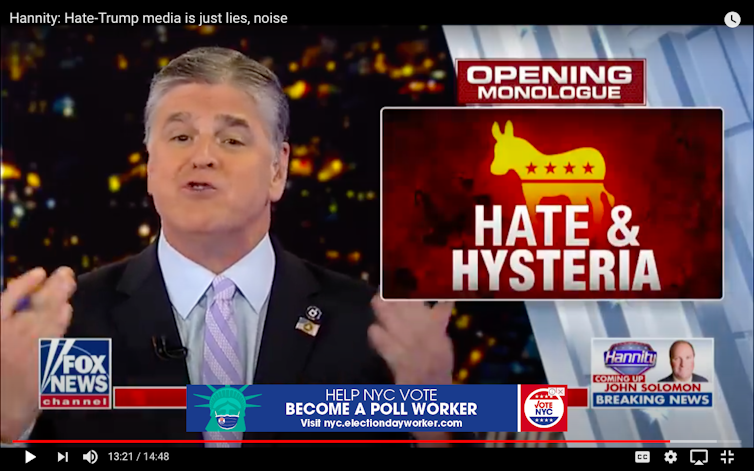 Screenshot of Sean Hannity on Fox News with text reading 'Hate & Hysteria' across the Democratic donkey symbol