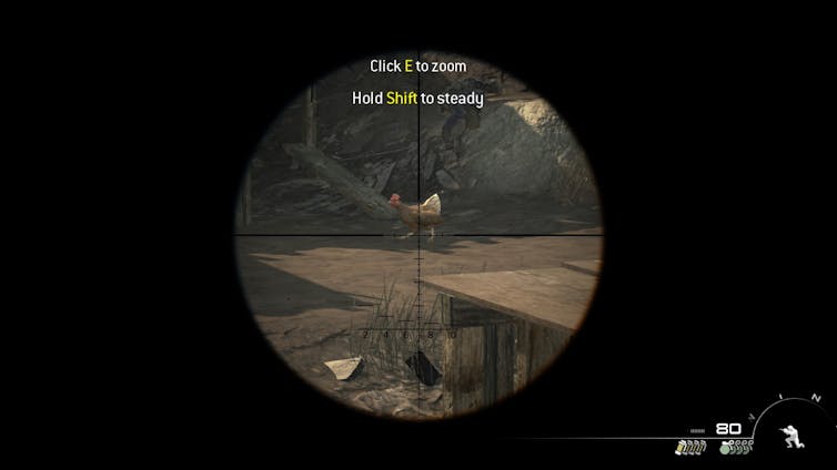 A sniper focuses on a chicken in a video game.